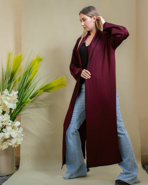 CROPPED BACK SHAWL CARDIGAN IN BURGUNDY